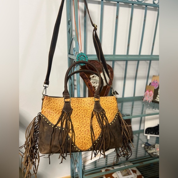 New Fall Western Genuine Ostrich Embossed Leather Rustic Crazy Horse Bag Fringe - Picture 11 of 16